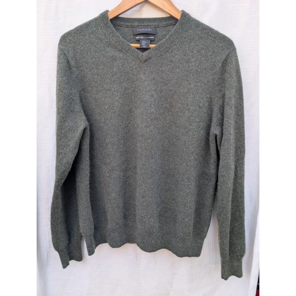Tahari Pure Luxe 100% Cashmere Men's Handsome Green‎ V Neck Sweater XL $245